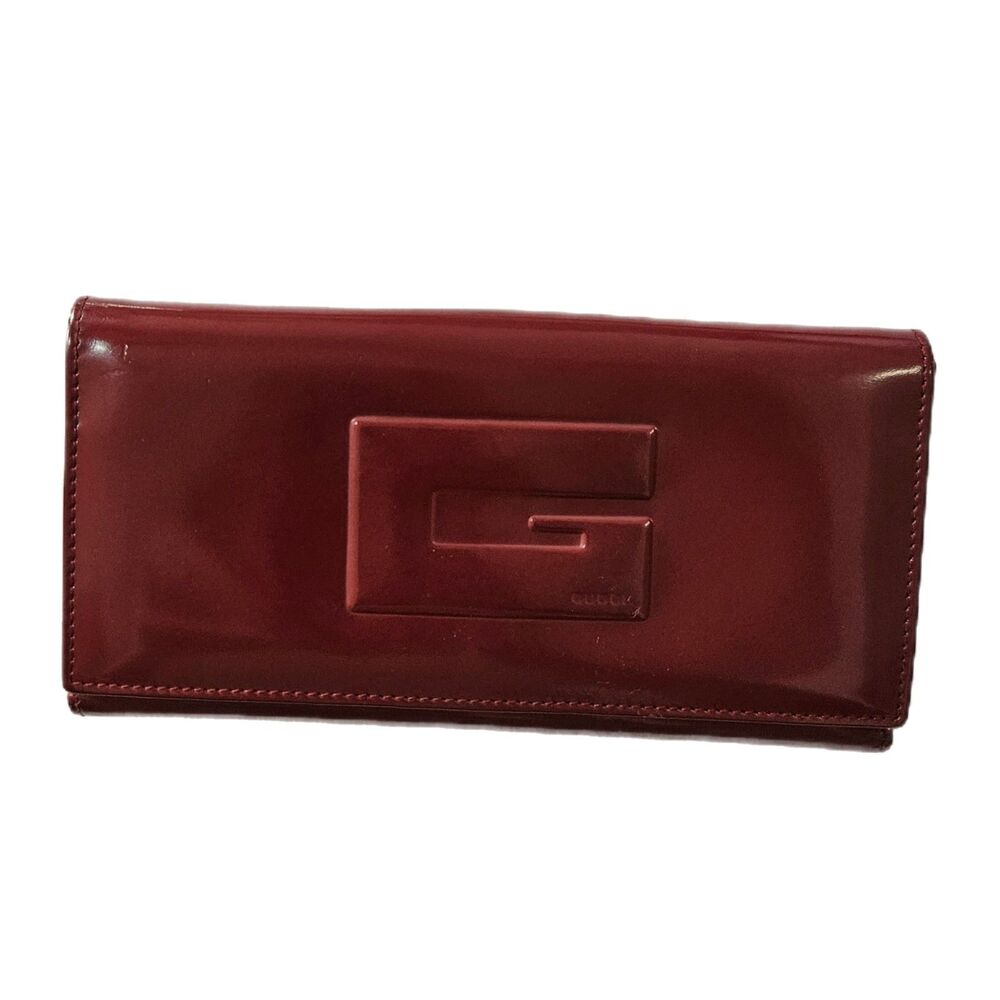 Gucci (Authentic) Burgundy Patent Leather GG Vintage Tri-fold Long Wallet, EUC - Picture 2 of 12